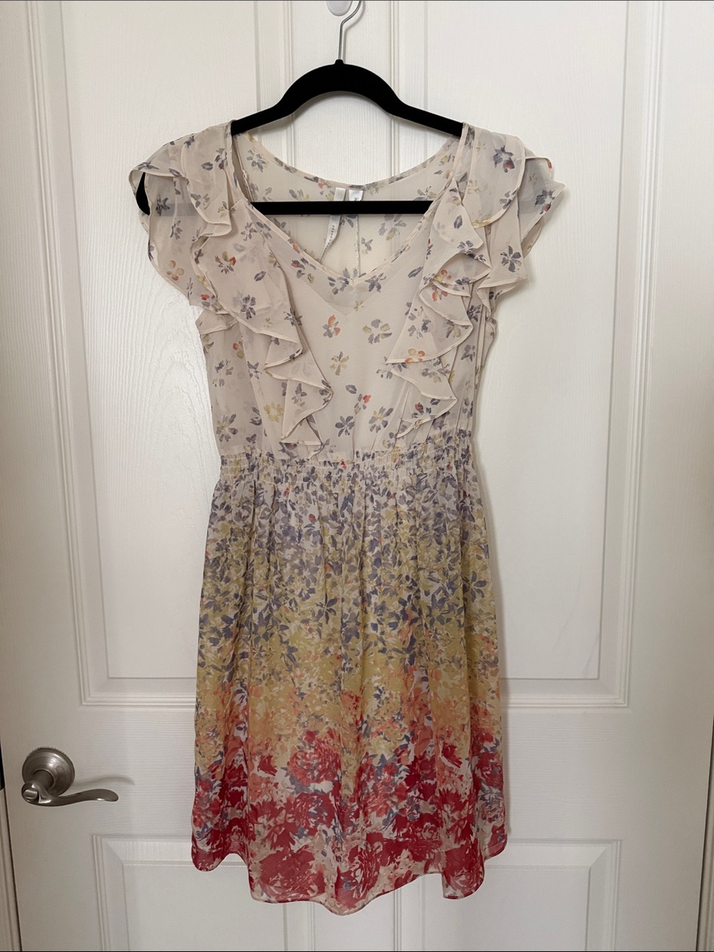 LC Lauren Conrad Cream Floral Mini Dress with Red and Yellow Ombre